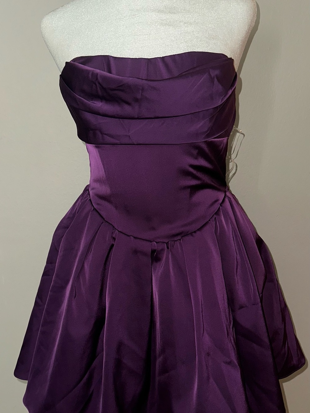 Oh Polly Strapless Satin Cocktail Dress in Deep Purple